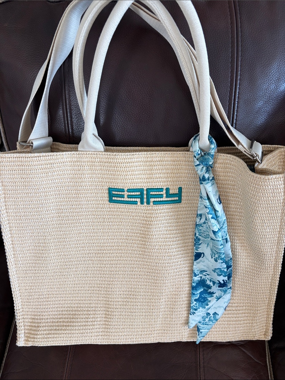 EFFY Cream Woven Tote Bag with Blue Scarf